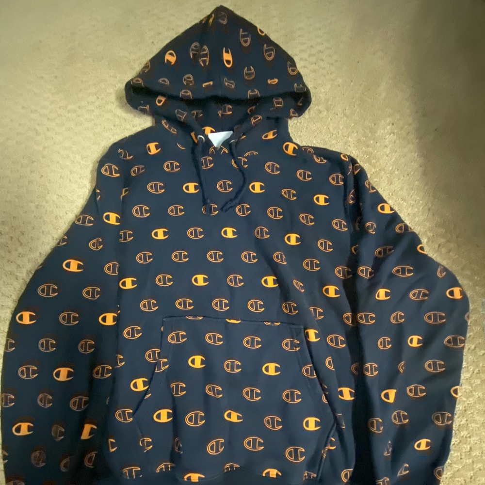 Men’s Size Medium Navy Blue and Orange Champion Pull Over Hoodie